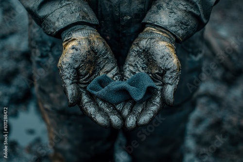 A Pair of Dirty Hands Holding a Blue Cloth