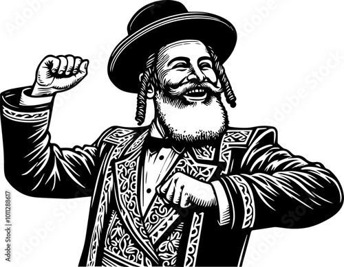 An Orthodox Jewish man with a beard is dancing happily. Wearing a traditional Jewish hat, the elderly Jew dances joyfully, praising the Lord.