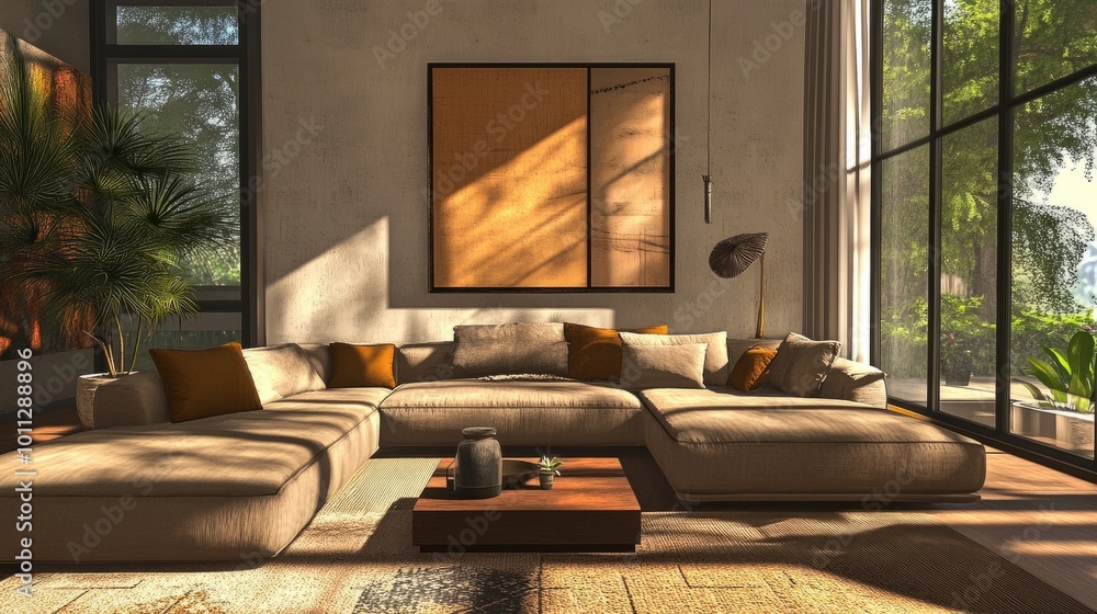 Stylish living room in earth tones, beige and brown decor, comfy couch, artistic wall accents, open windows, sunlight, modern yet cozy Stylish living room in earth tones, beige and brown decor, comfy couch, artistic wall accents, open windows, sunlight, modern yet cozy