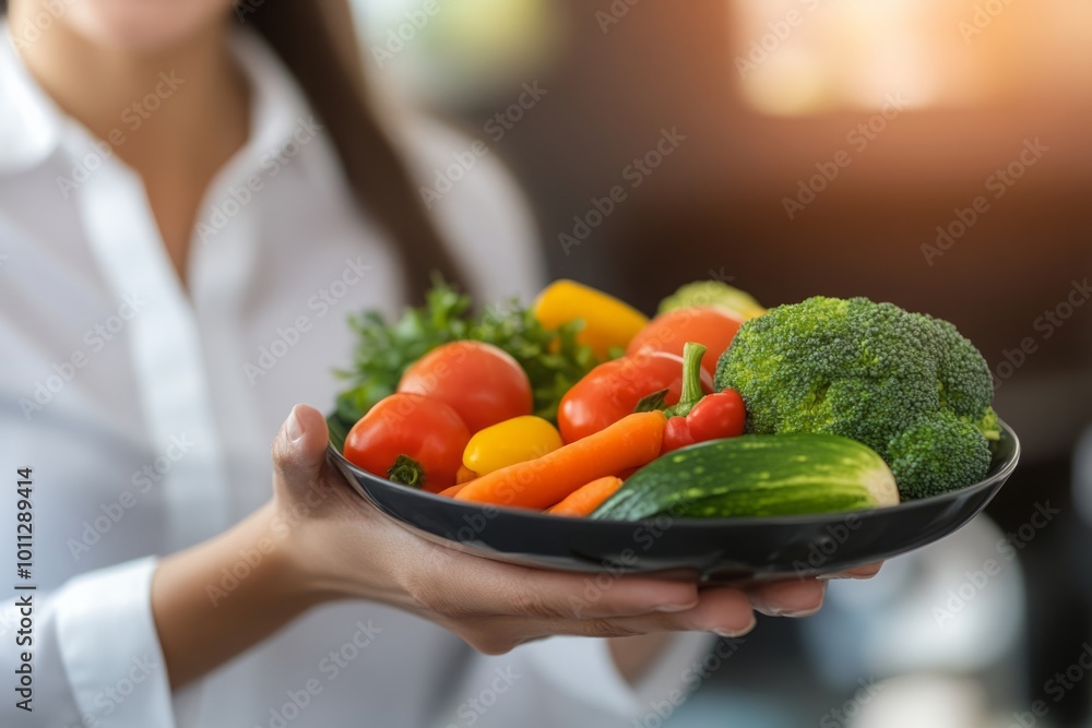 A beautiful smiling nutritionist holding a plate of fresh vegetables, looking at the camera with a welcoming expression. The image features bright natural lighting and a clean consultation room A beautiful smiling nutritionist holding a plate of fresh vegetables, looking at the camera with a welcoming expression. The image features bright natural lighting and a clean consultation room
