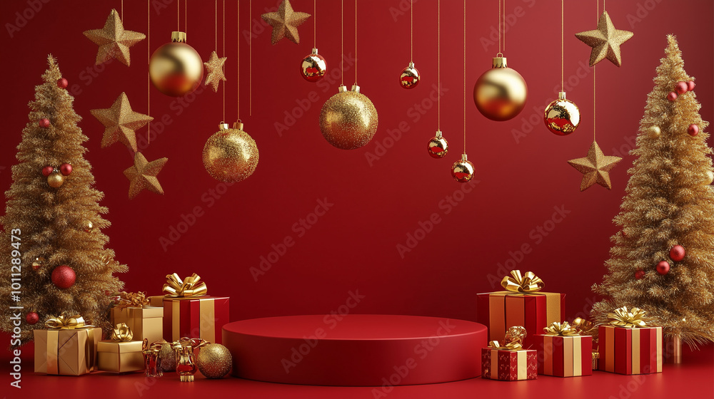 Red Podium for Christmas Sale with Christmas Stone for Advert. Realistic 3D Space for Product Ads. Presents Xmas Trees Lights. Elegant Cylindrical Table. New Year Sale Round Stand. Red Podium for Christmas Sale with Christmas Stone for Advert. Realistic 3D Space for Product Ads. Presents Xmas Trees Lights. Elegant Cylindrical Table. New Year Sale Round Stand.