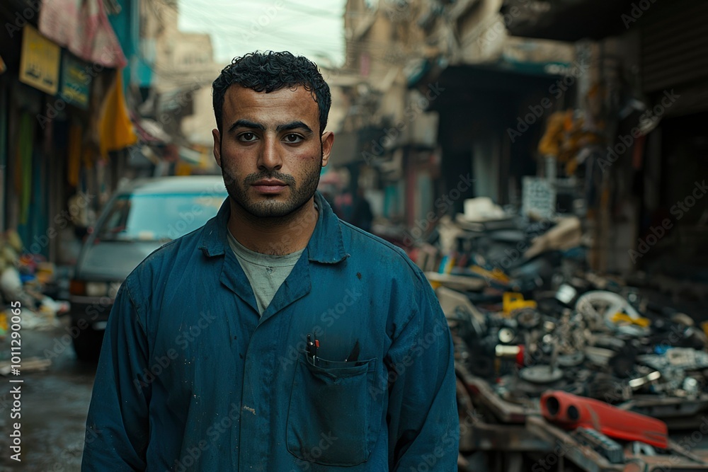 A Young Man in a Blue Work Shirt Standing in Front of a Scrap Yard