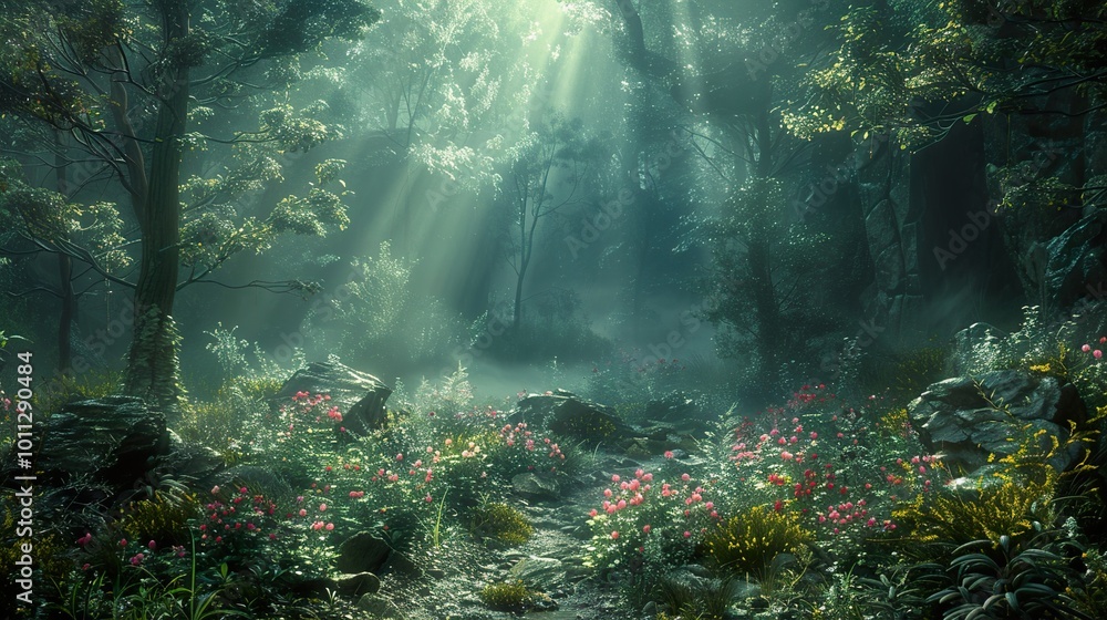 Enchanted Forest Path: Sunbeams Through Mist and Flowers Enchanted Forest Path: Sunbeams Through Mist and Flowers