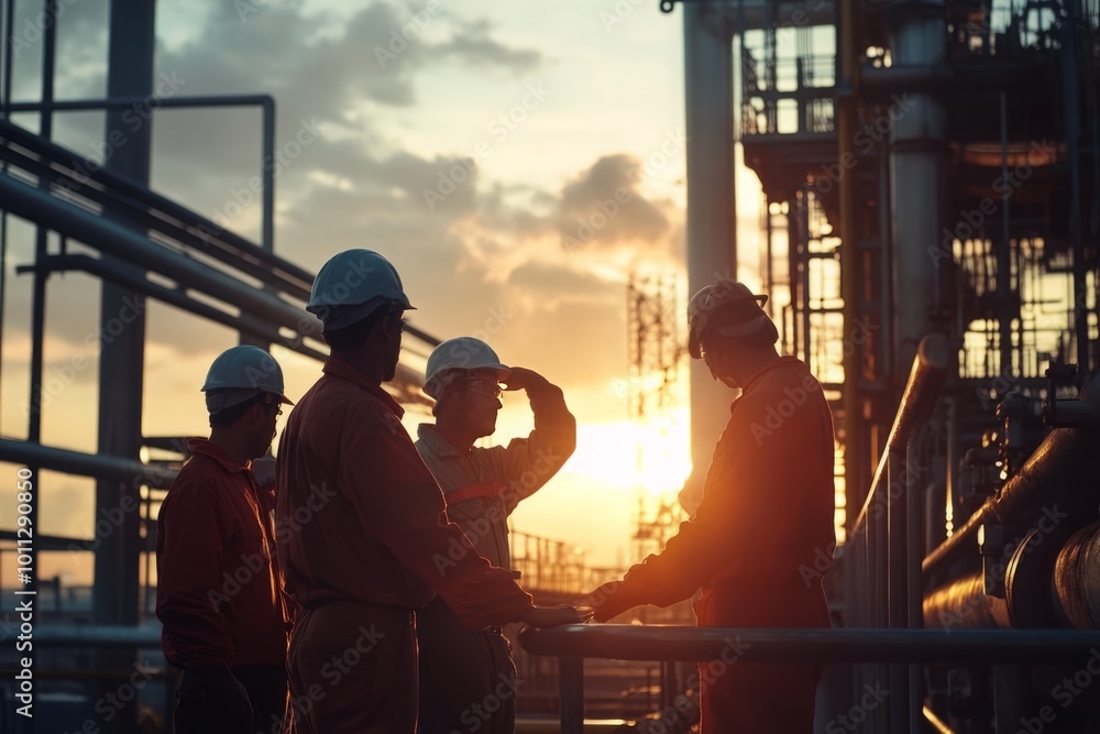 Fototapeta premium A diverse group of oil refinery workers collaborating on a challenging project, demonstrating strong team spirit and cooperation in their tasks. The scene is enhanced by soft outdoor lighting