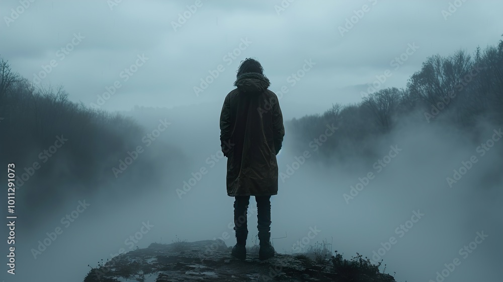 Solitary Figure in a Foggy Forest Landscape Solitary Figure in a Foggy Forest Landscape