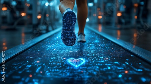 Cardiovascular health depicted by a doctor monitoring a patient running on a treadmill with holographic heart data surrounding them photo