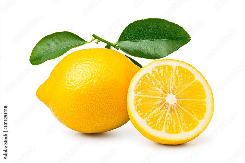 A vivid image of a whole lemon with a glossy yellow skin and a sliced half showcasing its juicy interior, accompanied by fresh green leaves against a white background. A vivid image of a whole lemon with a glossy yellow skin and a sliced half showcasing its juicy interior, accompanied by fresh green leaves against a white background.