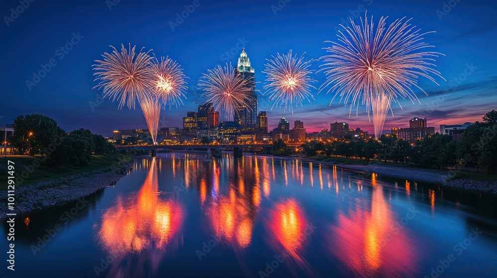 Fireworks display over a city skyline at night reflected in a river. Fireworks display over a city skyline at night reflected in a river.