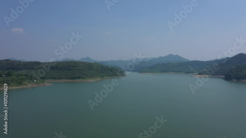 Aerial of a reservoir in Xinchang county Shaoxing city Zhejiang province China  photo