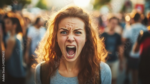 woman standing alone in a crowd looking at camera, her face reflecting deep emotions and she is crying and screaming with open mouth