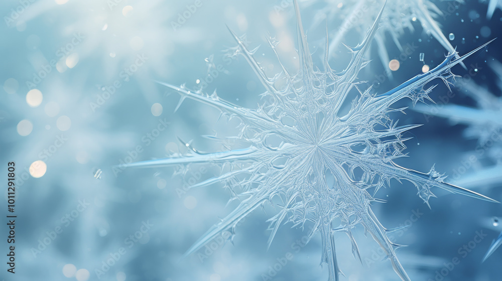 Obraz premium close up horizontal detailed illustration of a frosted snowflake over a blurred background