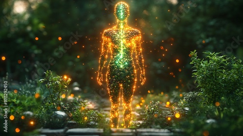 Immune boosting herbs and spices displayed in intricate patterns around a glowing, healthy body figure