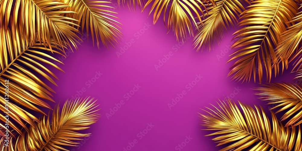 Golden Palm Leaves on Purple Background Golden Palm Leaves on Purple Background