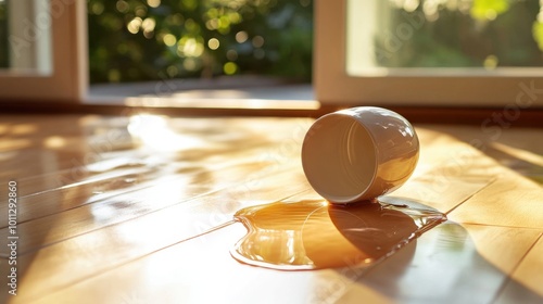 A cup tipped over with a spilled drink on a wooden floor, soft natural light,   ideal for themes related to accidents, cleaning, and home care. photo