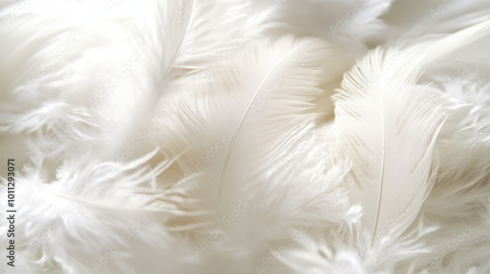 A close-up of soft white feathers against a plain background, evoking feelings of peace, calm, and spirituality, ideal for themes of hope, religion, and divine inspiration. A close-up of soft white feathers against a plain background, evoking feelings of peace, calm, and spirituality, ideal for themes of hope, religion, and divine inspiration.
