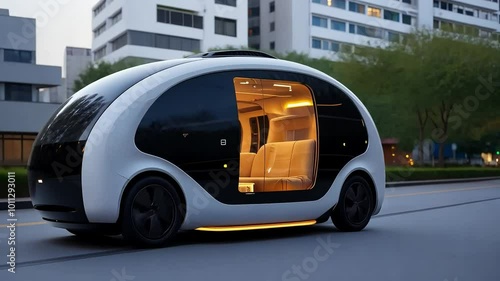 Futuristic self driving shuttle with open door driving through an empty city street at night. The spacious interior is illuminated