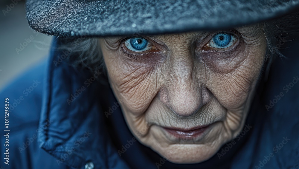 Close-up of an elderly woman with blue eyes and a hat, looking directly at the camera. The scene is set in a cold, wintry street Close-up of an elderly woman with blue eyes and a hat, looking directly at the camera. The scene is set in a cold, wintry street