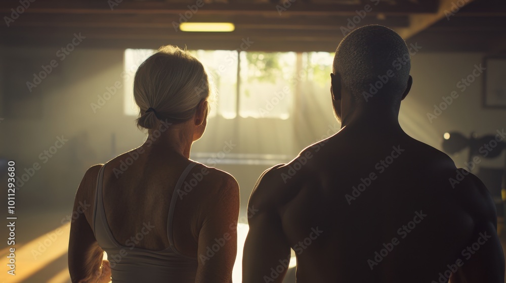 60-age-old woman and black man viewed from behind standing in a softly lit wooden training gym with boxing equipment woman is wearing sport top 60-age-old woman and black man viewed from behind standing in a softly lit wooden training gym with boxing equipment woman is wearing sport top