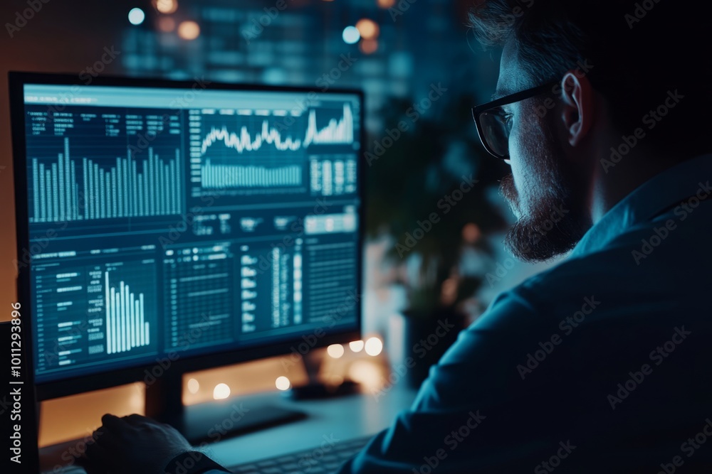 A person analyzing a detailed business financial dashboard filled with vibrant data visualizations, aiming to optimize the company's performance in a bright and strategically focused setting that prom A person analyzing a detailed business financial dashboard filled with vibrant data visualizations, aiming to optimize the company's performance in a bright and strategically focused setting that prom