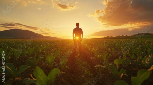 Sunset view over agricultural land with a person in the countryside, emphasizing food security and ecological awareness.