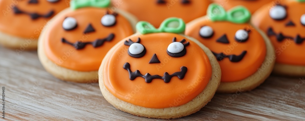 Cute Halloween pumpkin shaped gingerbread cookies with kawaii faces. Orange and brown treats for holiday celebration, banner with copy space. Concept of festive baking and Halloween party food Cute Halloween pumpkin shaped gingerbread cookies with kawaii faces. Orange and brown treats for holiday celebration, banner with copy space. Concept of festive baking and Halloween party food