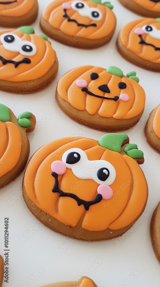 Cute Halloween pumpkin shaped gingerbread cookies with kawaii faces. Orange and brown treats for holiday celebration. Vertical banner, poster, greeting card, menu. Festive baking, Halloween party food Cute Halloween pumpkin shaped gingerbread cookies with kawaii faces. Orange and brown treats for holiday celebration. Vertical banner, poster, greeting card, menu. Festive baking, Halloween party food