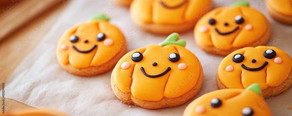 Cute Halloween pumpkin shaped gingerbread cookies with kawaii faces. Orange and brown treats for holiday celebration, banner with copy space. Concept of festive baking and Halloween party food Cute Halloween pumpkin shaped gingerbread cookies with kawaii faces. Orange and brown treats for holiday celebration, banner with copy space. Concept of festive baking and Halloween party food