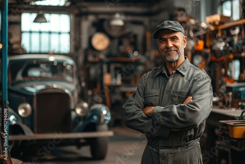 Confident Mechanic in Overalls Standing in Workshop with Vintage Car