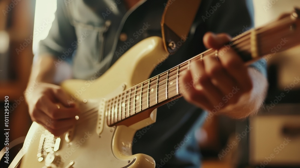 Musician playing guitar studio background soft lighting minimal details Musician playing guitar studio background soft lighting minimal details