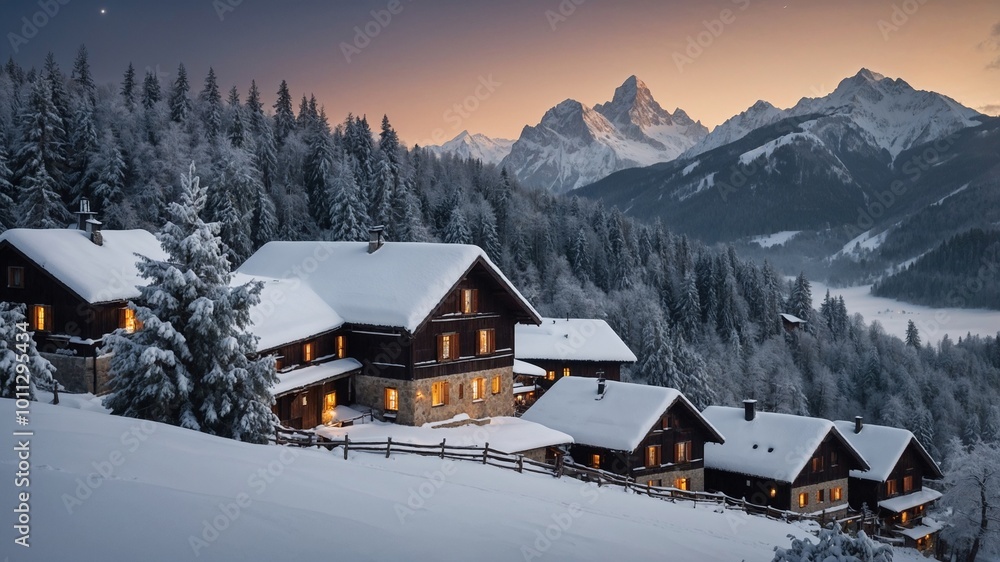 Cozy snow-covered cabins in the Bavarian Alps with stunning winter landscape at sunset Cozy snow-covered cabins in the Bavarian Alps with stunning winter landscape at sunset