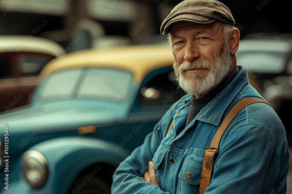 Portrait of a Senior Man in a Blue Work Shirt with a Classic Car in the Background Portrait of a Senior Man in a Blue Work Shirt with a Classic Car in the Background