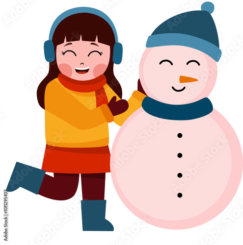 Children build snowman in winter. Cute happy friends play outdoor in Christmas winter season. Happy kids on winter holiday. Kids playing in the snow and building snowman on winter holiday.