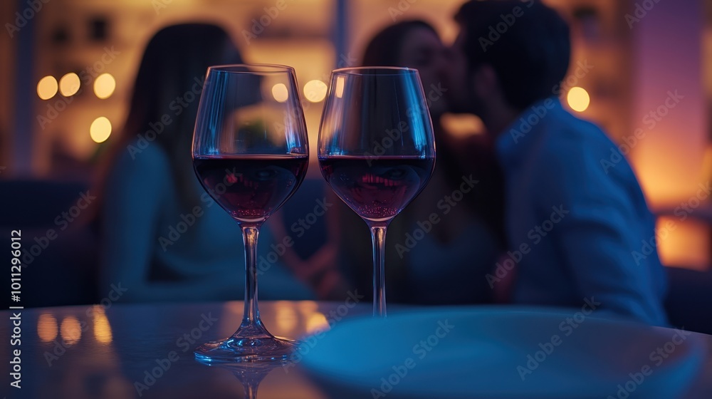 dating party scene with a table with glass of wine and two glasses of wine , there are two blurred figures of loving couple kissing sitting on sofa, soft focus, minimalist interior design dating party scene with a table with glass of wine and two glasses of wine , there are two blurred figures of loving couple kissing sitting on sofa, soft focus, minimalist interior design