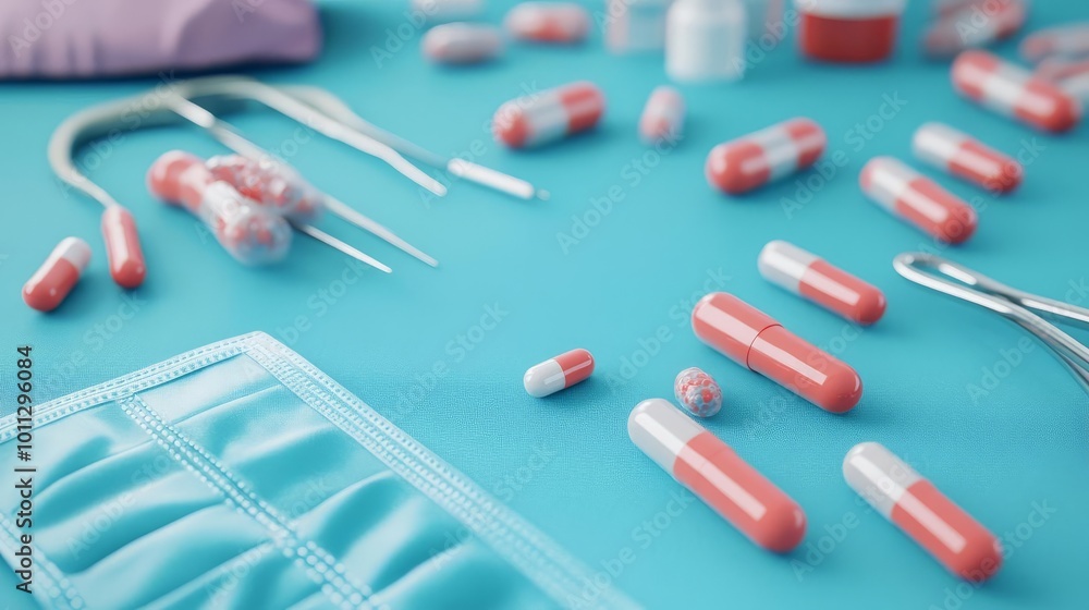 Antibiotic-resistant bacteria on surgical tools, healthcare focus, 3D illustration Antibiotic-resistant bacteria on surgical tools, healthcare focus, 3D illustration