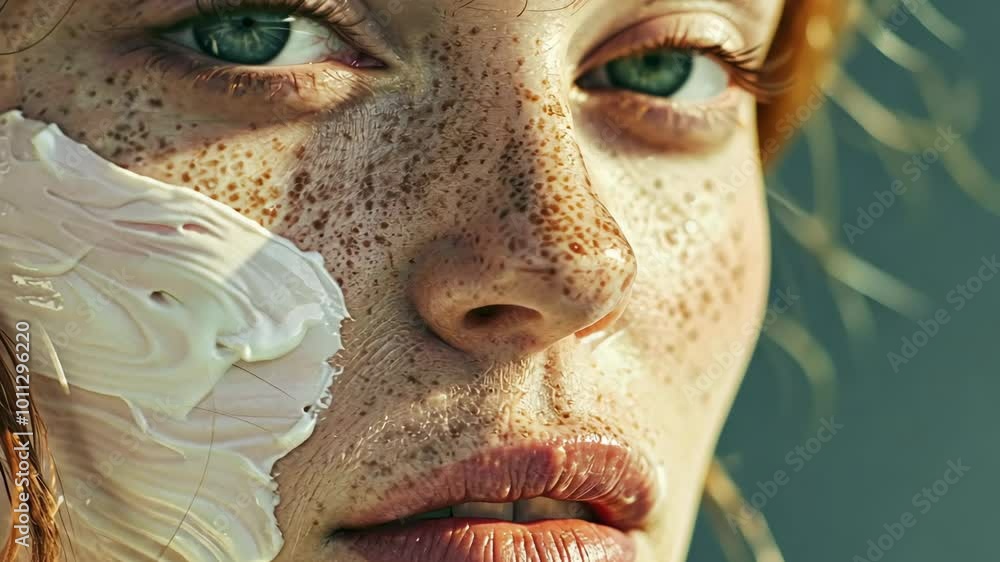 A close-up of a woman's face with freckles, showcasing a white face mask applied to her cheek A close-up of a woman's face with freckles, showcasing a white face mask applied to her cheek