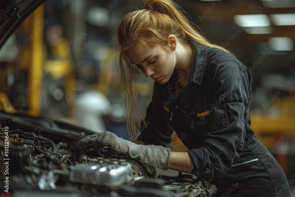 Female Mechanic Working on a Car Engine Female Mechanic Working on a Car Engine
