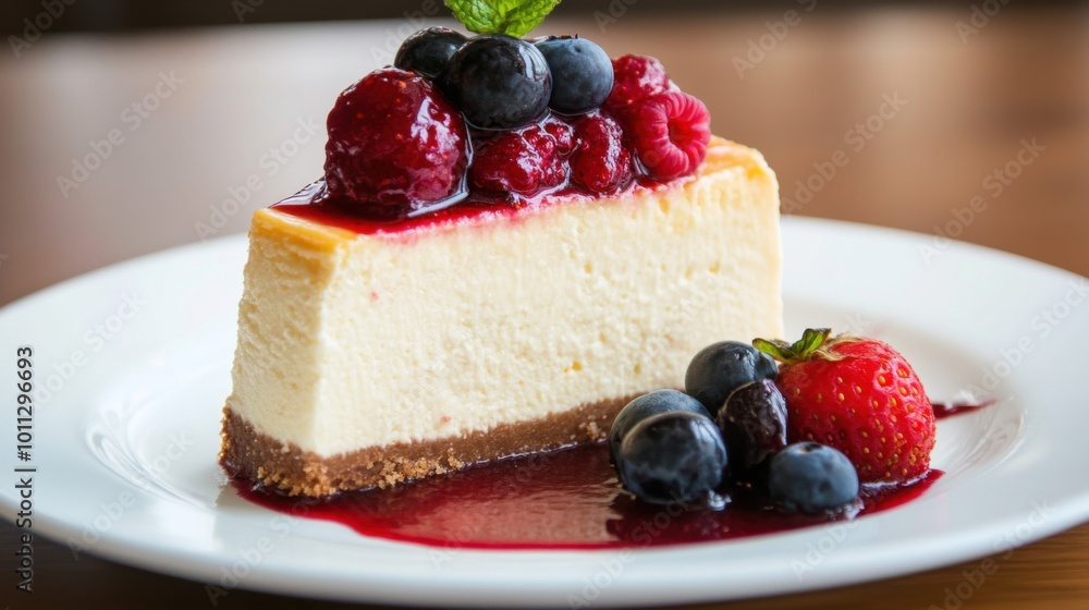 Classic New York Cheesecake Topped with a Berry Compote on a Dessert Plate Classic New York Cheesecake Topped with a Berry Compote on a Dessert Plate