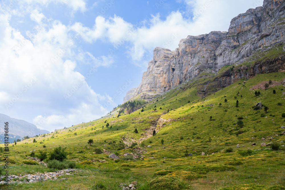 Sunlit mountain slope with green meadows and rocky cliffs Sunlit mountain slope with green meadows and rocky cliffs