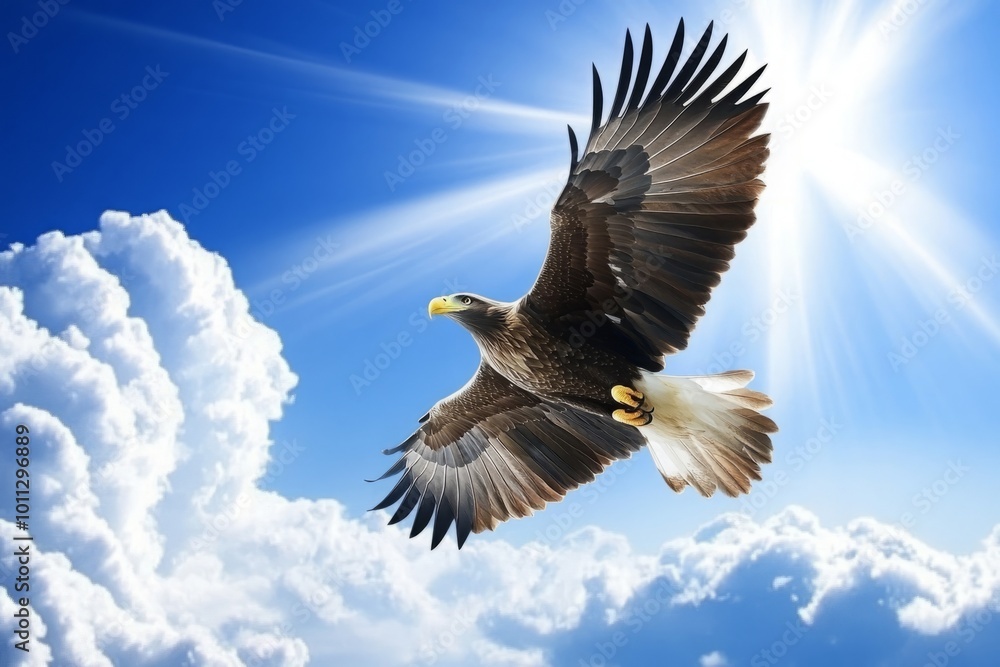 Obraz premium A majestic eagle soaring gracefully through the clear blue sky, capturing the essence of freedom and strength, with its wings fully extended against the vibrant backdrop, symbolizing nature's beauty