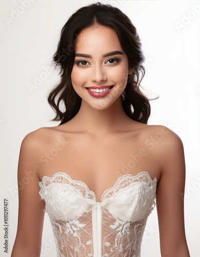 studio portrait of a brunette woman wearing white lace lingerie on white background, fashion photography 