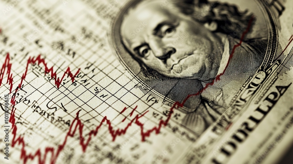 Closeup capture of Benjamin Franklin face on USD banknote with candlestick stock market line graph chart. Red line trend indicates recession of stock market. US currency exchange & forex stock trade Closeup capture of Benjamin Franklin face on USD banknote with candlestick stock market line graph chart. Red line trend indicates recession of stock market. US currency exchange & forex stock trade