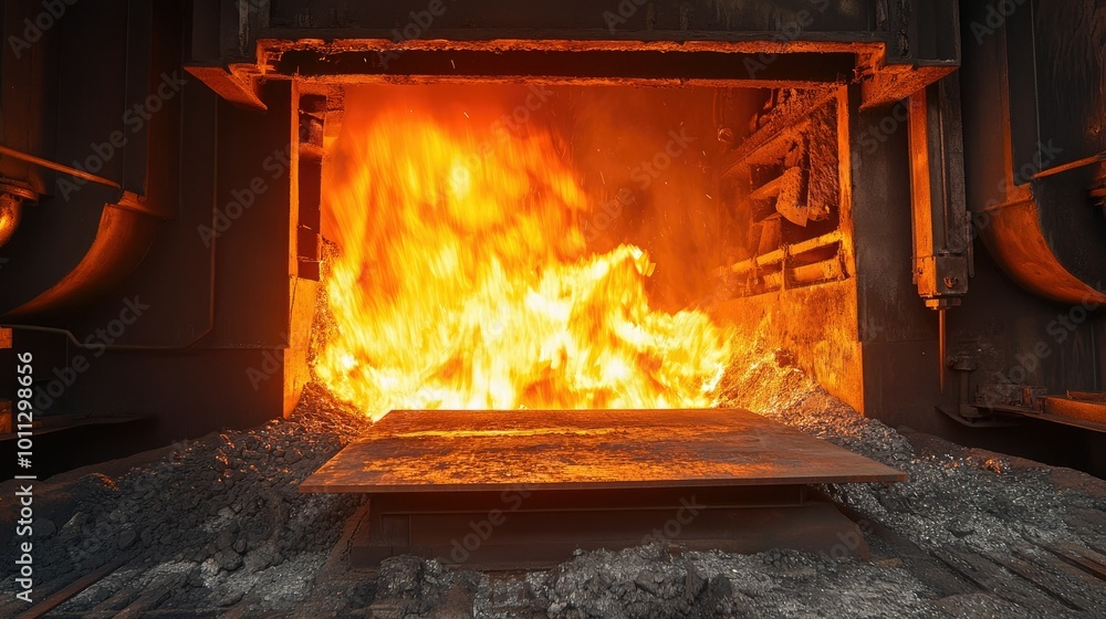 Obraz premium Industrial furnace with roaring flames, essential for metal melting and iron production in a metallurgy plant.