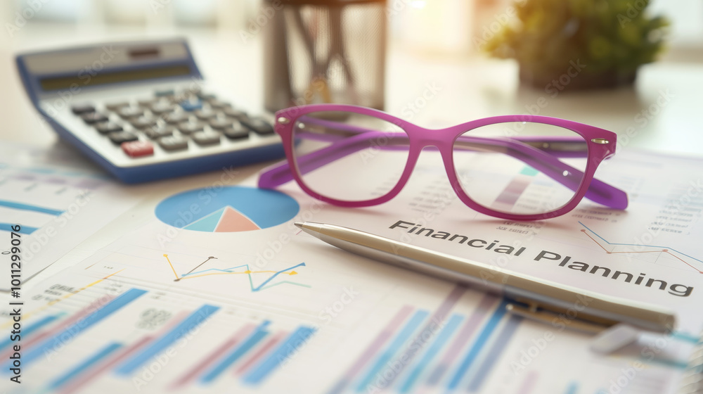 Purple glasses on financial planning documents, with a calculator and charts, symbolizing finance and business strategy development. Purple glasses on financial planning documents, with a calculator and charts, symbolizing finance and business strategy development.