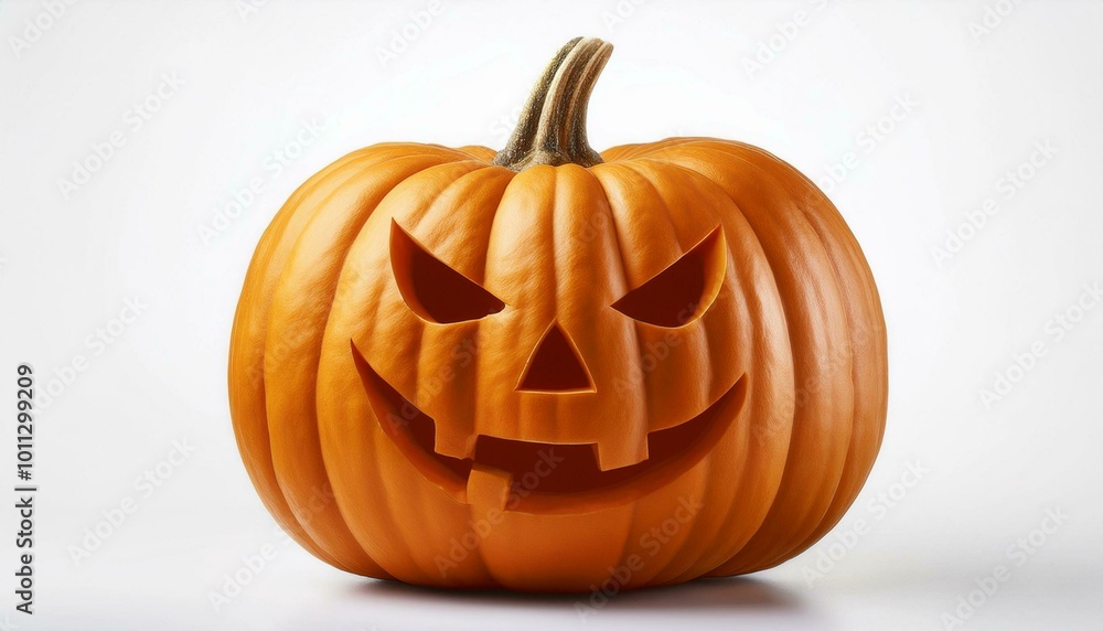 A carved pumpkin with a spooky, smiling face, glowing in the dark, symbolizing Halloween and the autumn season on white background A carved pumpkin with a spooky, smiling face, glowing in the dark, symbolizing Halloween and the autumn season on white background