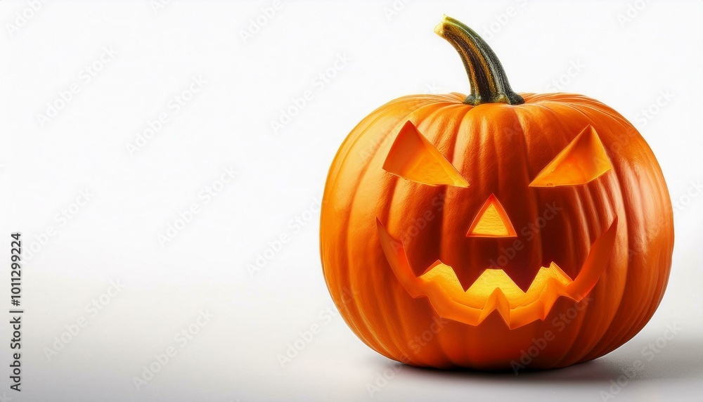 A carved pumpkin with a spooky, smiling face, glowing in the dark, symbolizing Halloween and the autumn season on white background A carved pumpkin with a spooky, smiling face, glowing in the dark, symbolizing Halloween and the autumn season on white background