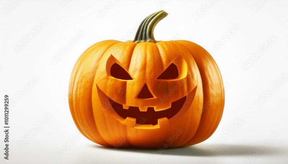 A carved pumpkin with a spooky, smiling face, glowing in the dark, symbolizing Halloween and the autumn season on white background A carved pumpkin with a spooky, smiling face, glowing in the dark, symbolizing Halloween and the autumn season on white background