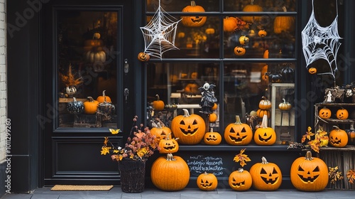 Charming Halloween shopfront adorned with festive pumpkins and autumn decor, perfect for seasonal celebrations and festive vibes 