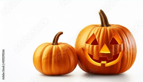 A carved pumpkin with a spooky, smiling face, glowing in the dark, symbolizing Halloween and the autumn season on white background