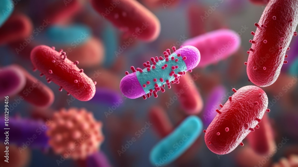 Bacteria with antibiotic defense systems, infection control focus, 3D illustration Bacteria with antibiotic defense systems, infection control focus, 3D illustration
