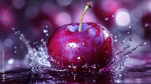 Juicy plum in a splash of liquid, vibrant drops surrounding it, symbolizing freshness and ripeness.